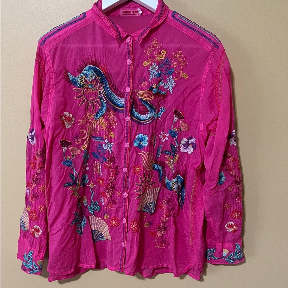 JOHNNY WAS Hot pink / turquoise Embroidered Button-Up Shirt. Long sleeves. XXL